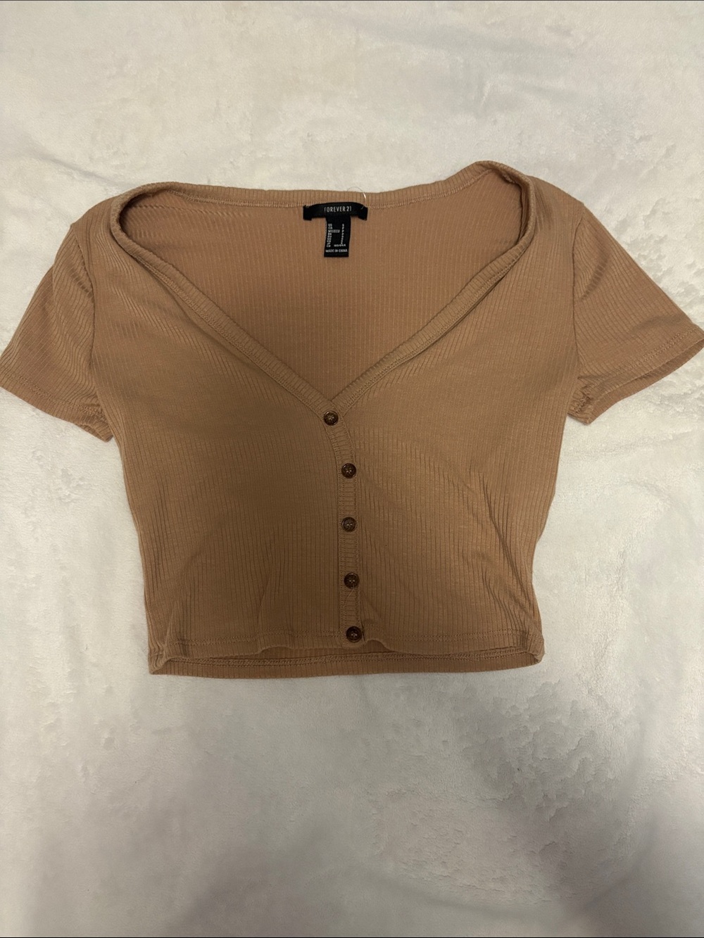 Forever 21 Tan Ribbed Button-Front Cropped Top